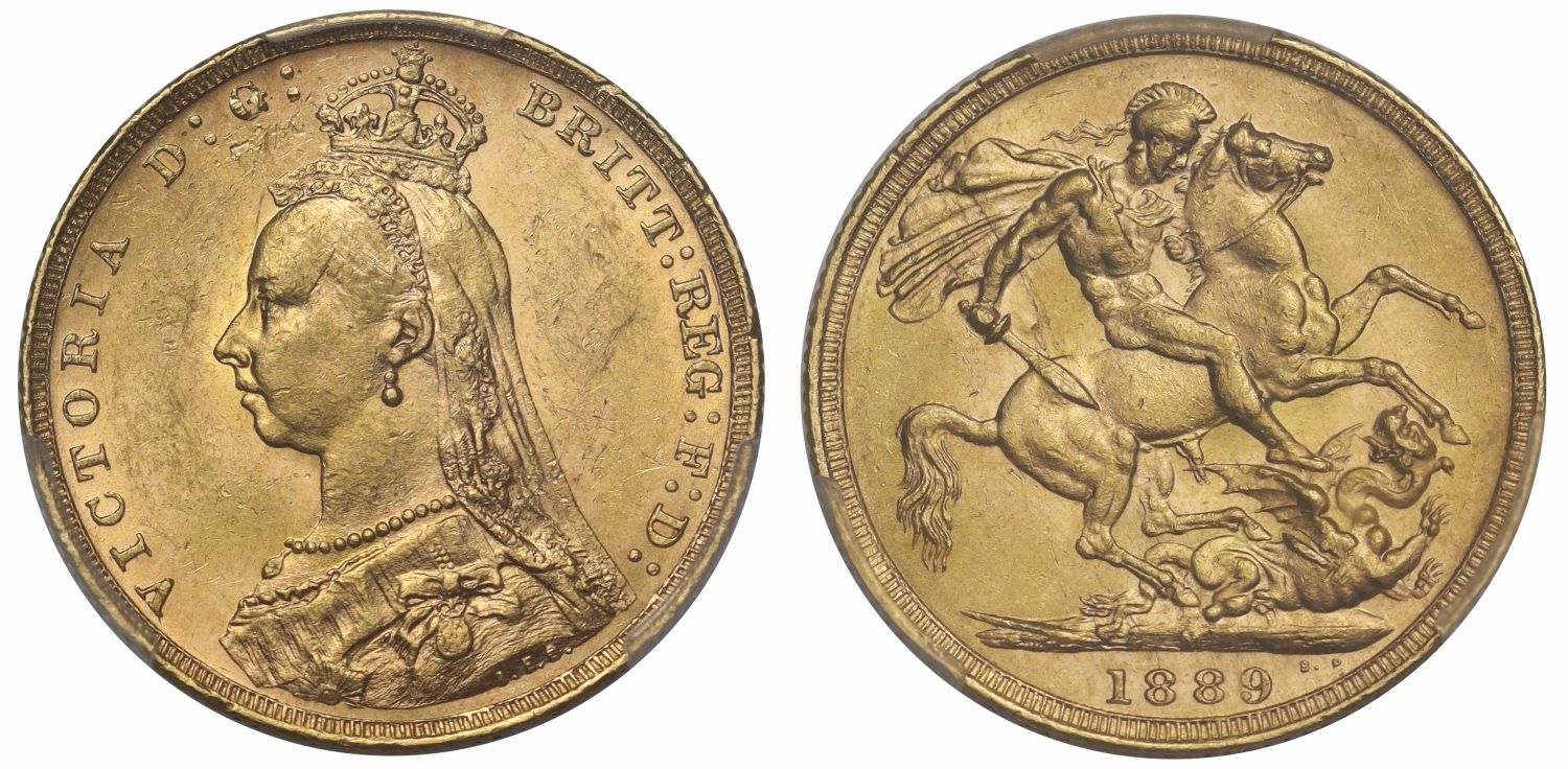 Victoria 1889-M Sovereign DISH M12, PCGS AU58