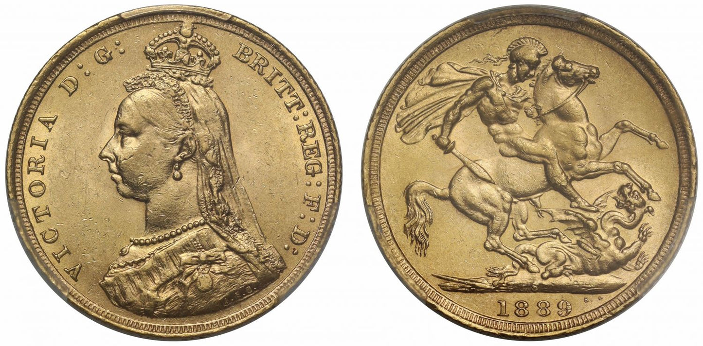 Victoria 1889-S Sovereign, first legend, DISH S11, PCGS AU58