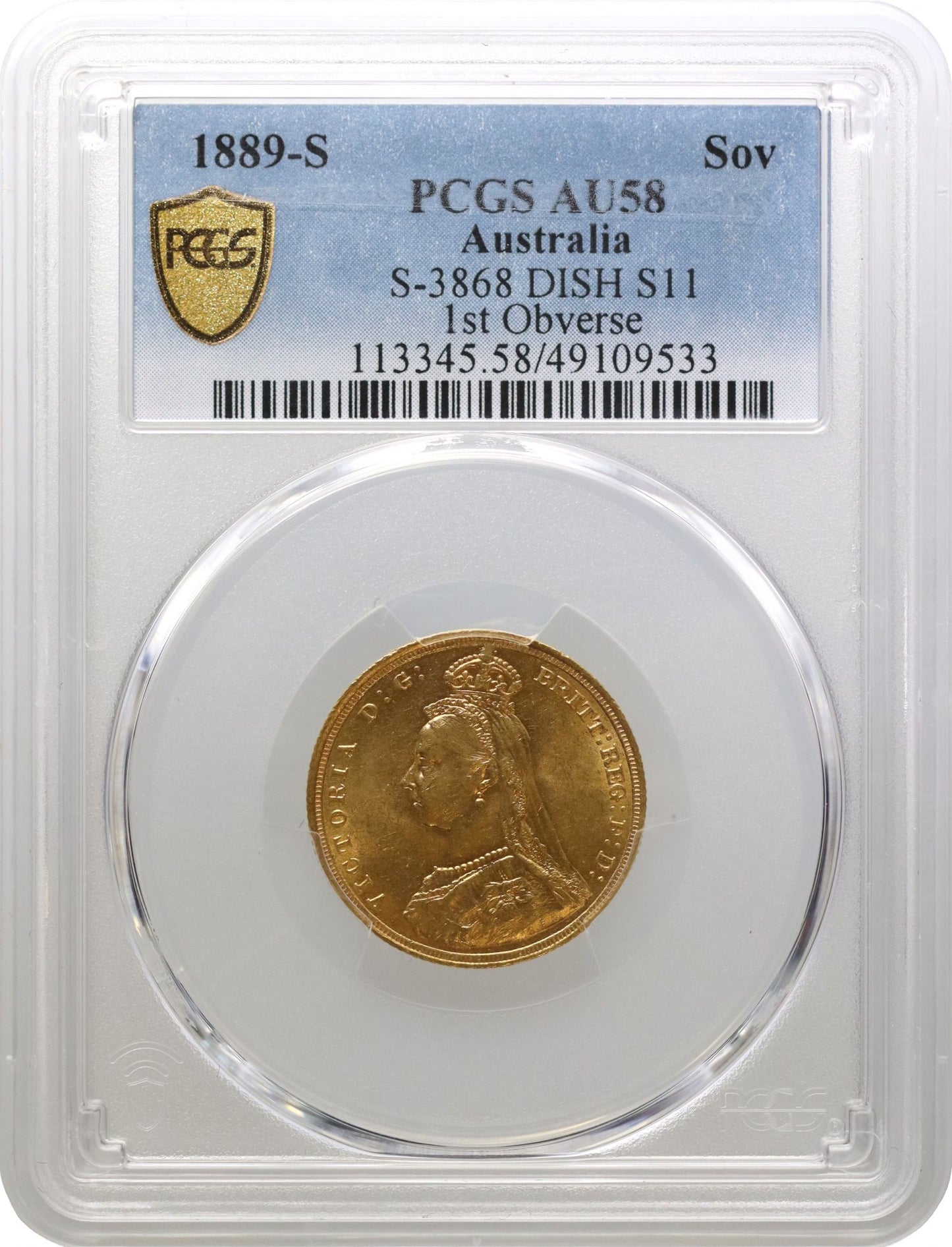 Victoria 1889-S Sovereign, first legend, DISH S11, PCGS AU58