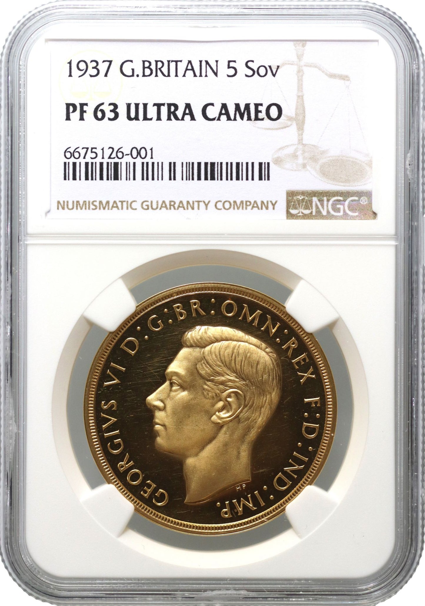 George VI 1937 proof Five-Pounds, PF63 UCAM, Coronation issue