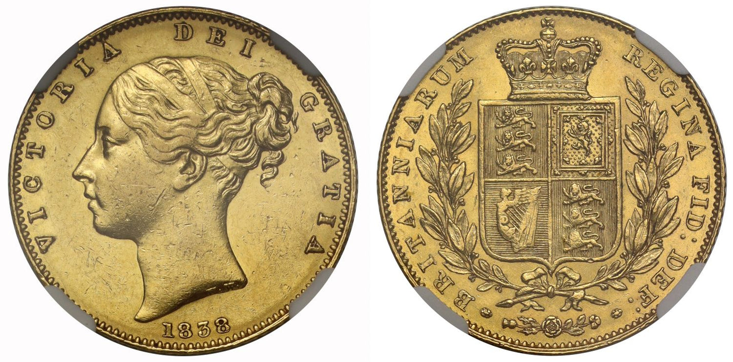 Victoria 1838 Sovereign, Coronation year issue, first young head NGC AU58