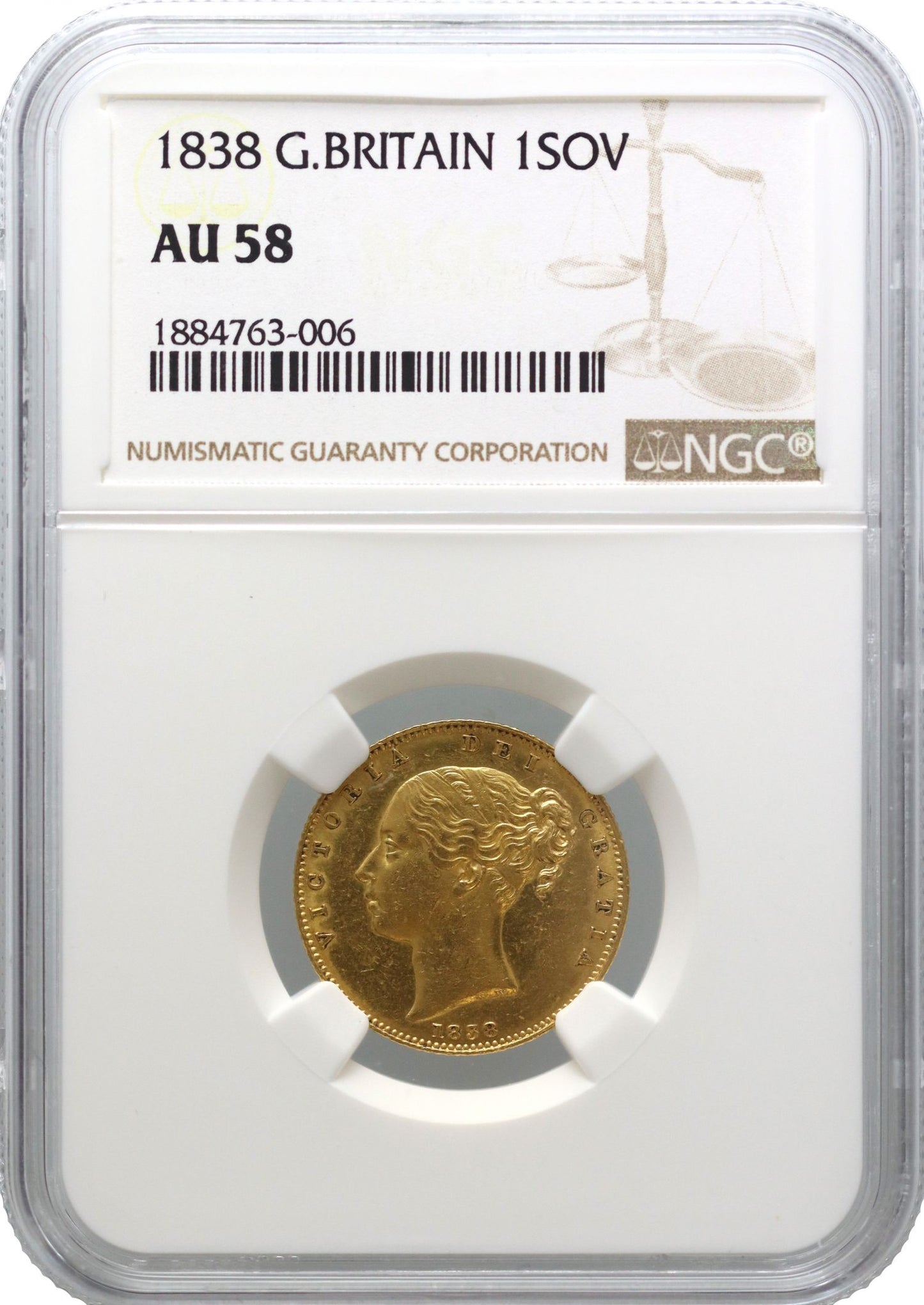 Victoria 1838 Sovereign, Coronation year issue, first young head NGC AU58