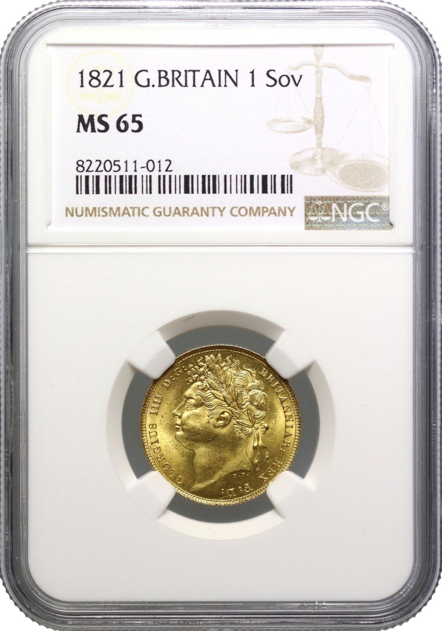 George IV 1821 Sovereign laureate head, Coronation year, NGC MS65 joint finest