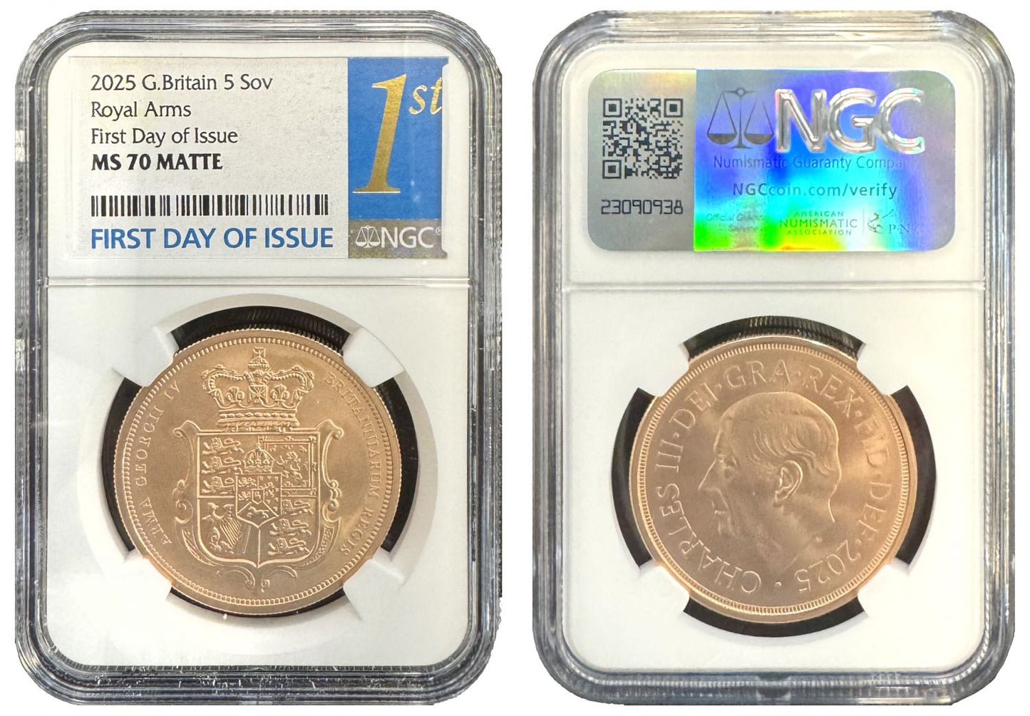 * Charles III 2025 gold BU Five-Pounds MS70 MATTE First Day of Issue
