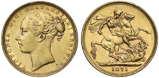 Victoria 1871 St. George Sovereign, London, WW buried, small BP