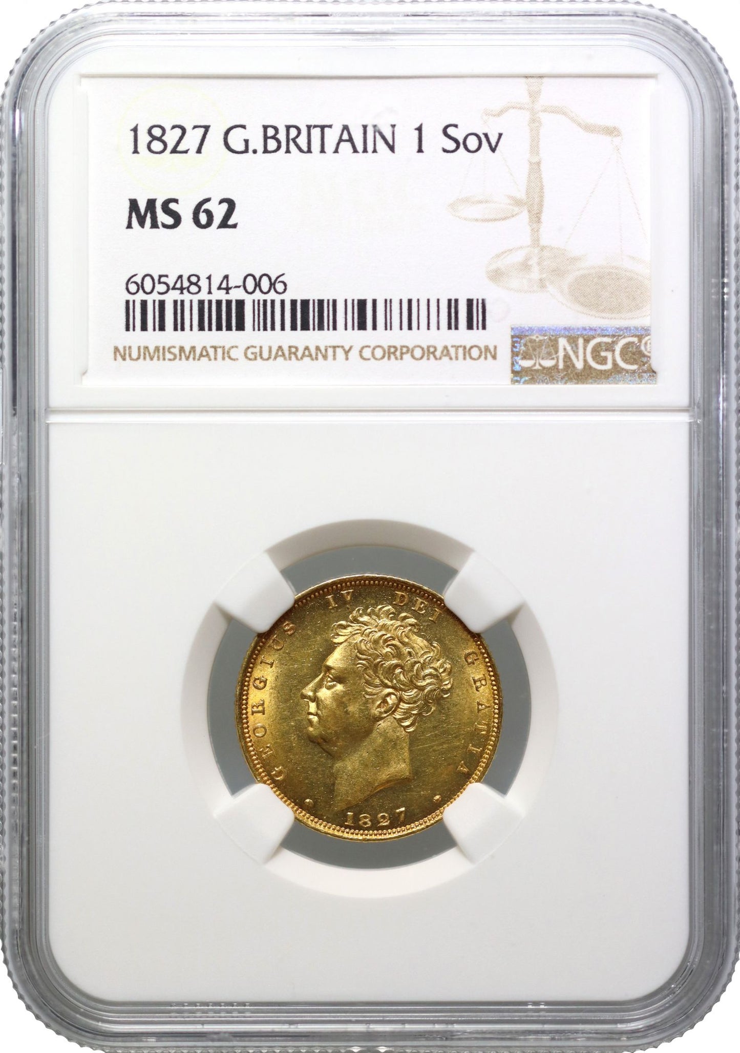 George IV 1827 Sovereign, bare head, MS62