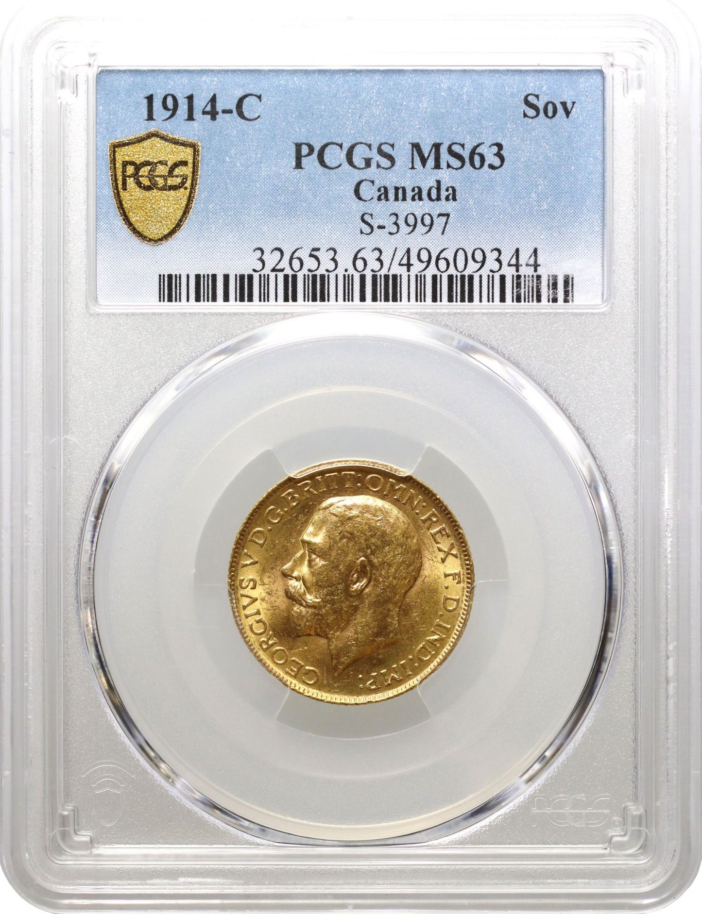 George V 1914-C Sovereign Ottawa Mint PCGS MS63, low mintage year