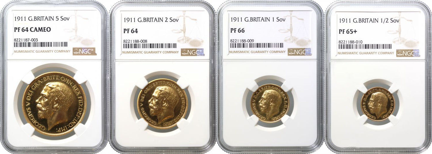 George V 1911 long gold proof Set with original box, gold slabbed PF64-PF66