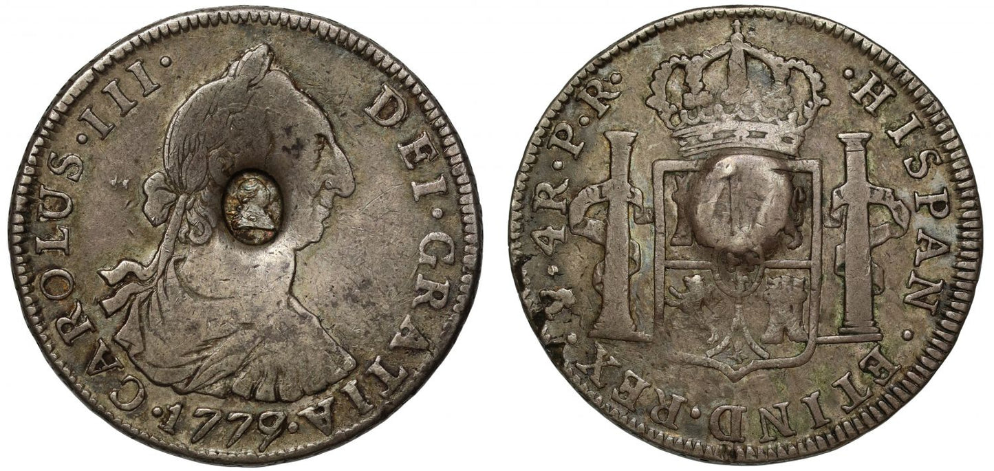 George III oval countermark on Potosi 1779-PR 9 over 7, 4-Reales NGC VF30