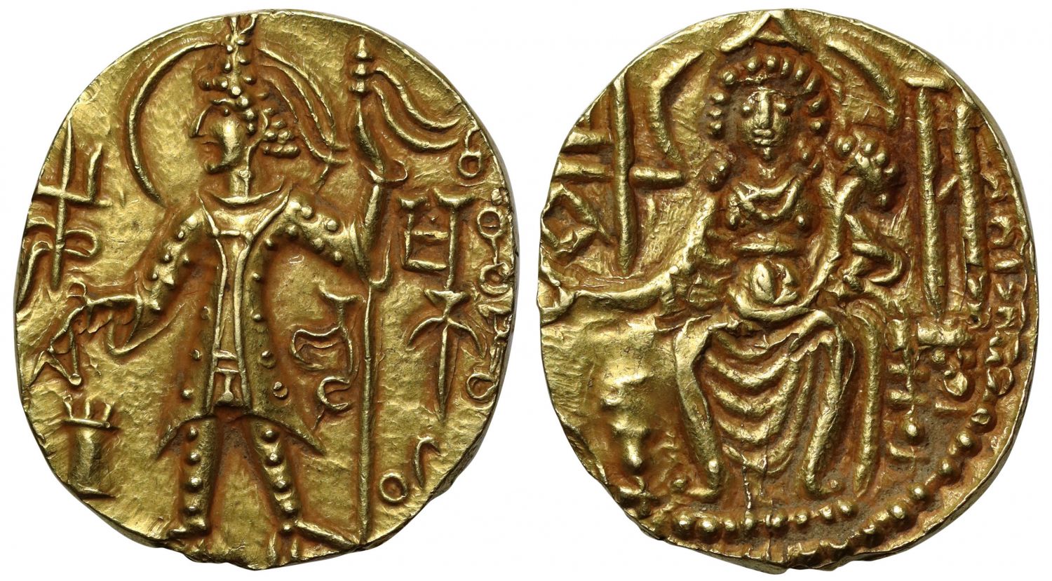 Kushan Empire, Shaka, Gold Dinar, Ardoksho enthroned.