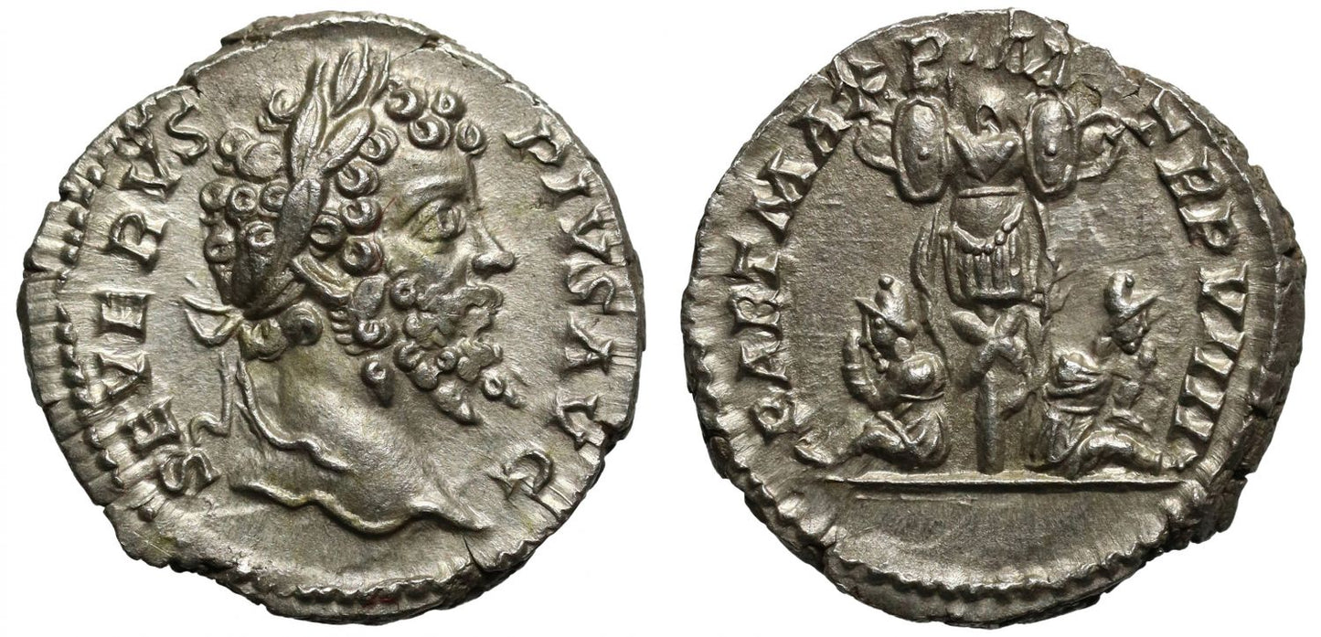 Septimius Severus, Silver Denarius, trophy and captives.