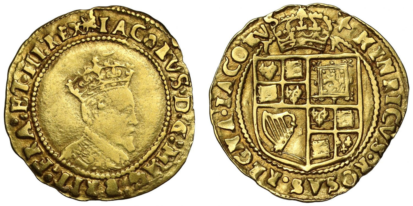 James I gold Britain Crown, mm mullet over bell, HINRICVS error legend reverse