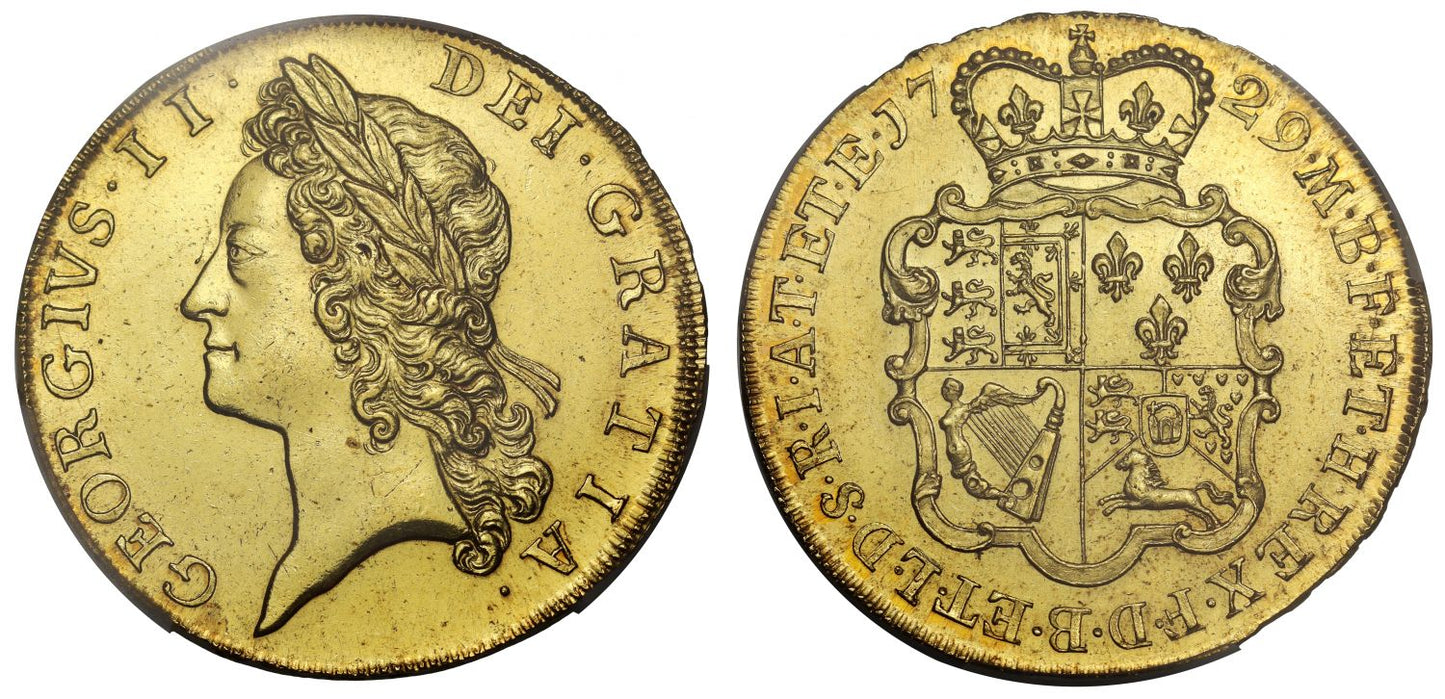 George II 1729 Five-Guineas, MS62, ex Peh