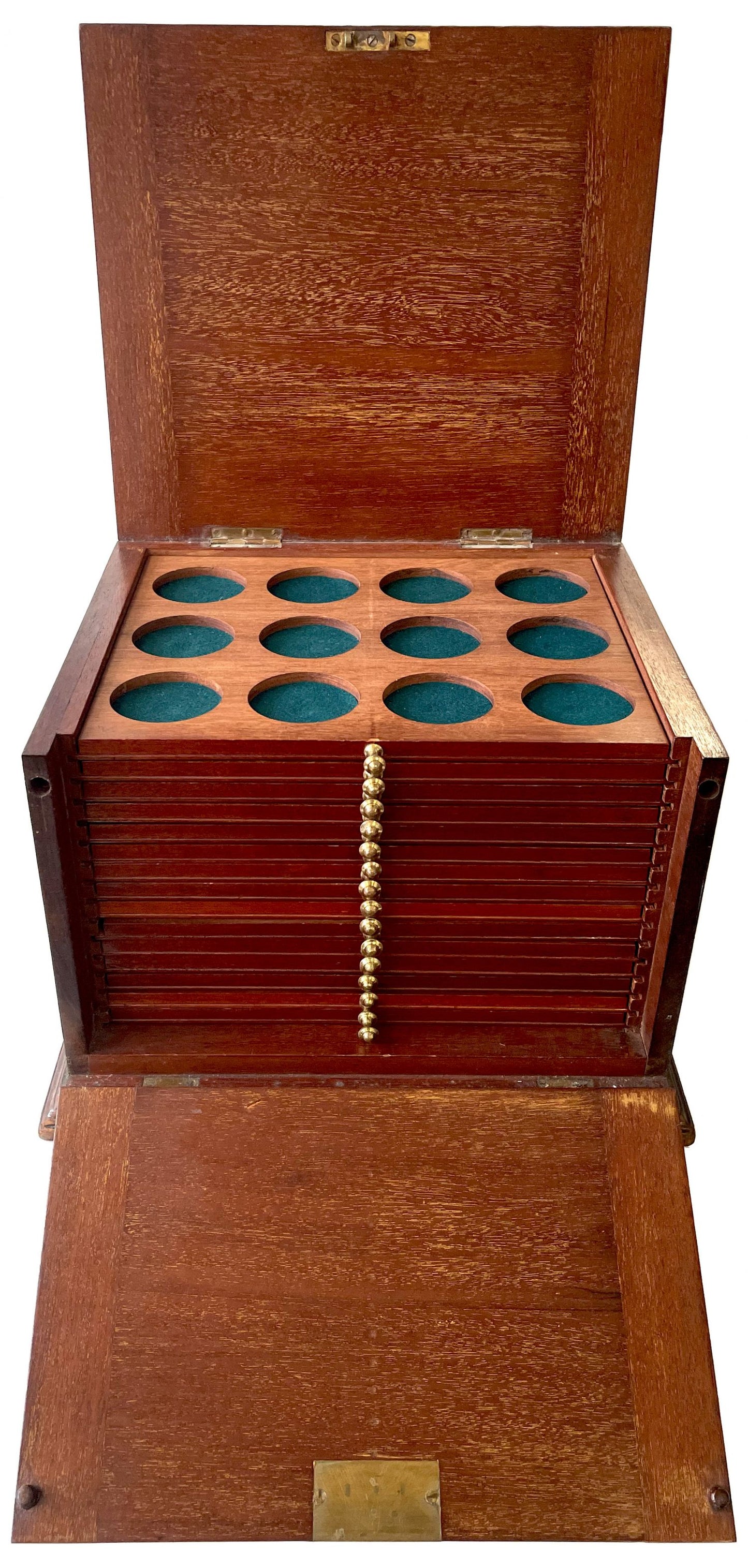 Coin Cabinet early 20th Century, 15 trays varying hole sizes with felts