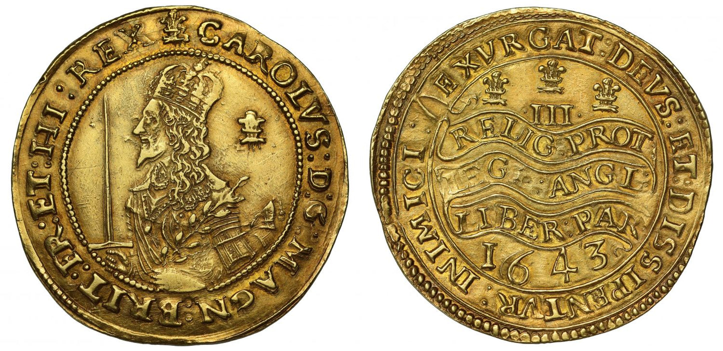 Charles I 1643 Triple Unite, Oxford Mint, AU58, provenance back to 1885
