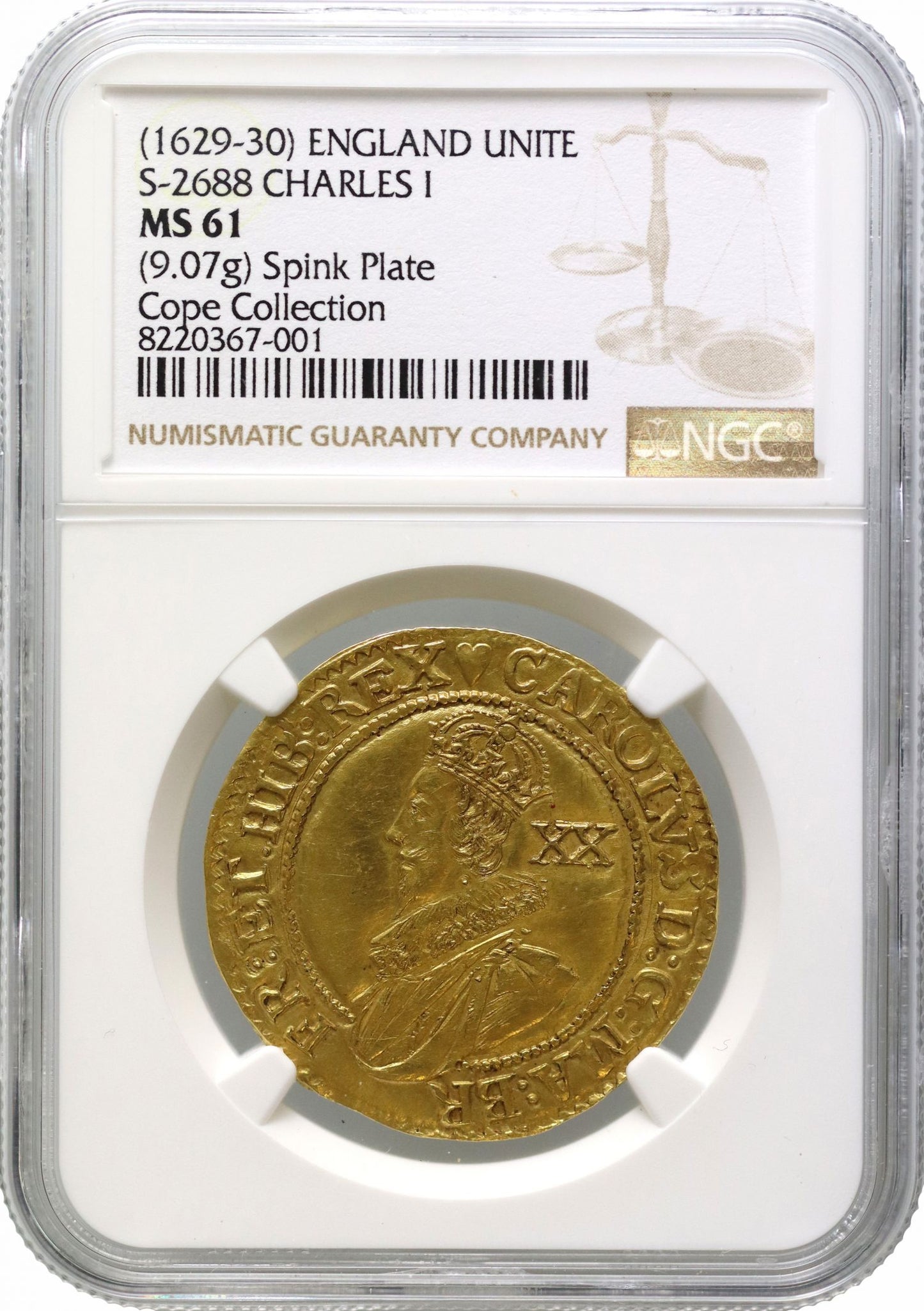 Charles I Unite, Group B, London, MS61 mm heart, plate coin standard catalogue, ex Hamilton Smith, Farquhar, Selig, Ure and Cope