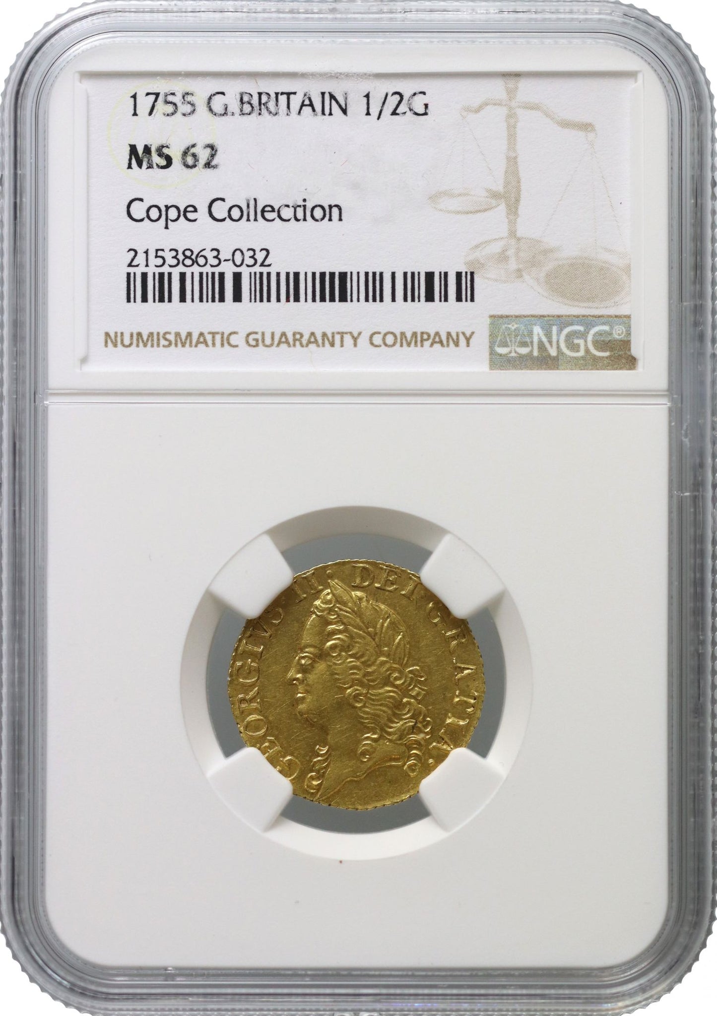 George II 1755 Half-Guinea, MS62, joint finest, ex Cope
