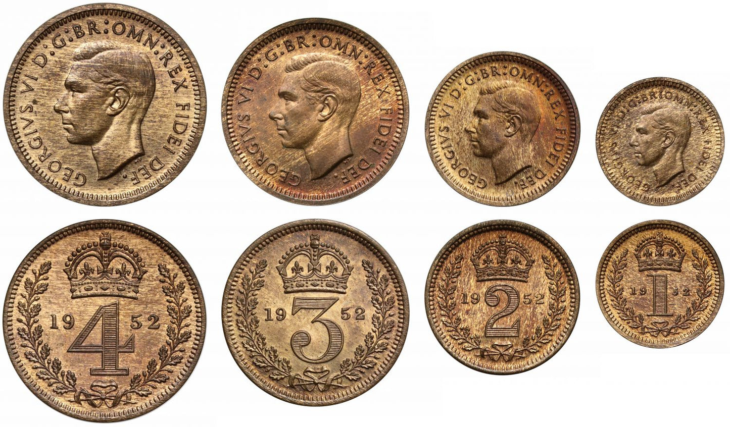 George VI 1952 bronze Maundy Set, MS64-65 RB, only two known, ex Norweb and plate coin