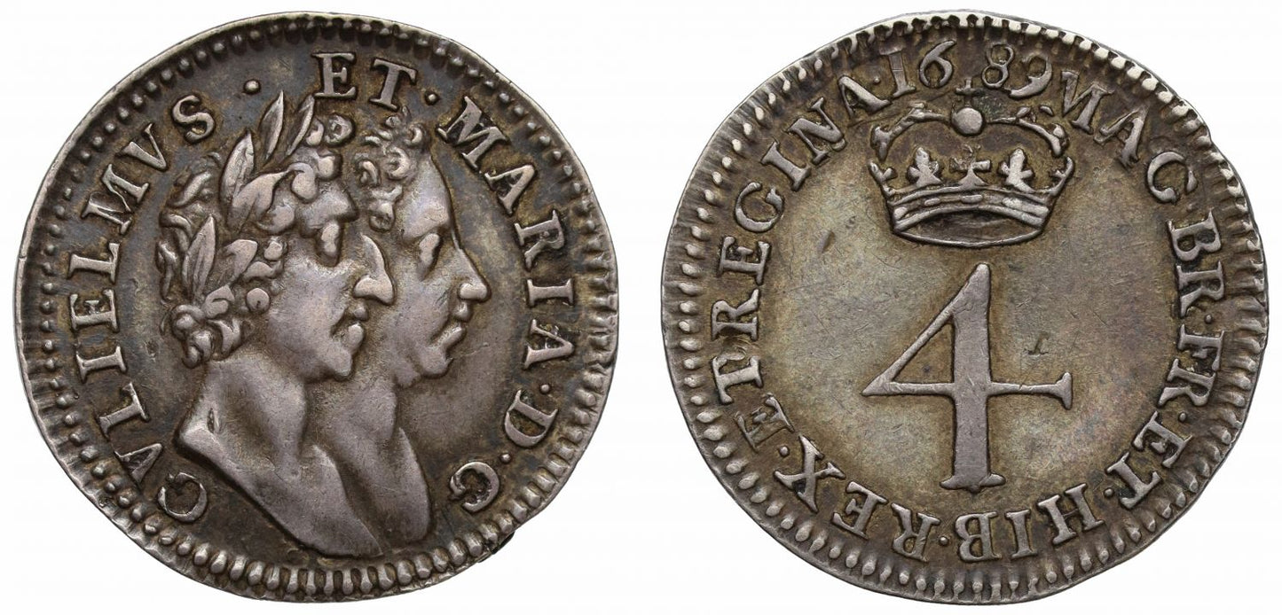William & Mary 1689 silver Fourpence, G below, Roman I date, XF45