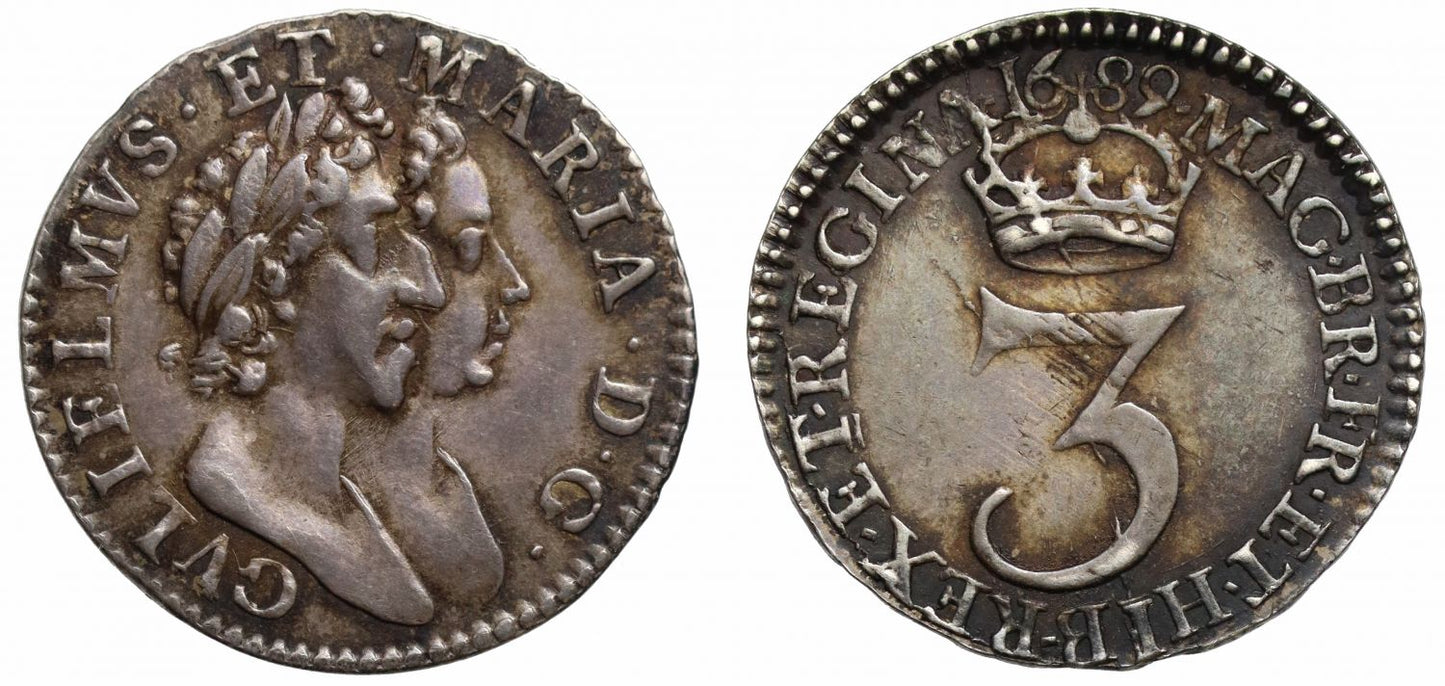 William & Mary 1689 silver Threepence, Roman I in date, NGC AU55