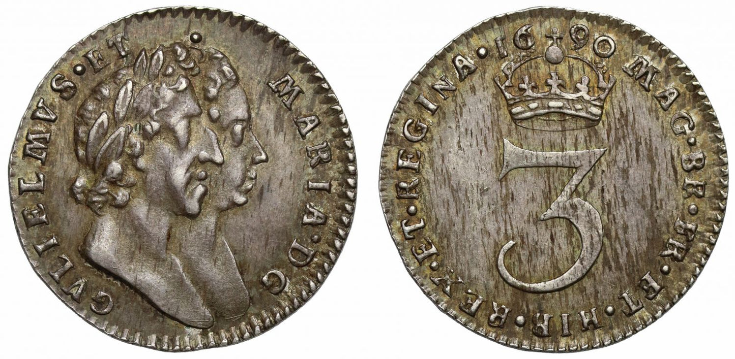 William & Mary 1690 silver Threepence, retrograde 1 in date, NGC AU55 finest