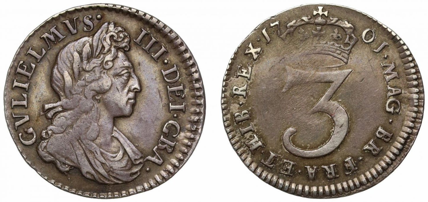 William III 1701 silver Threepence, reads GBA for GRA, NGC XF45