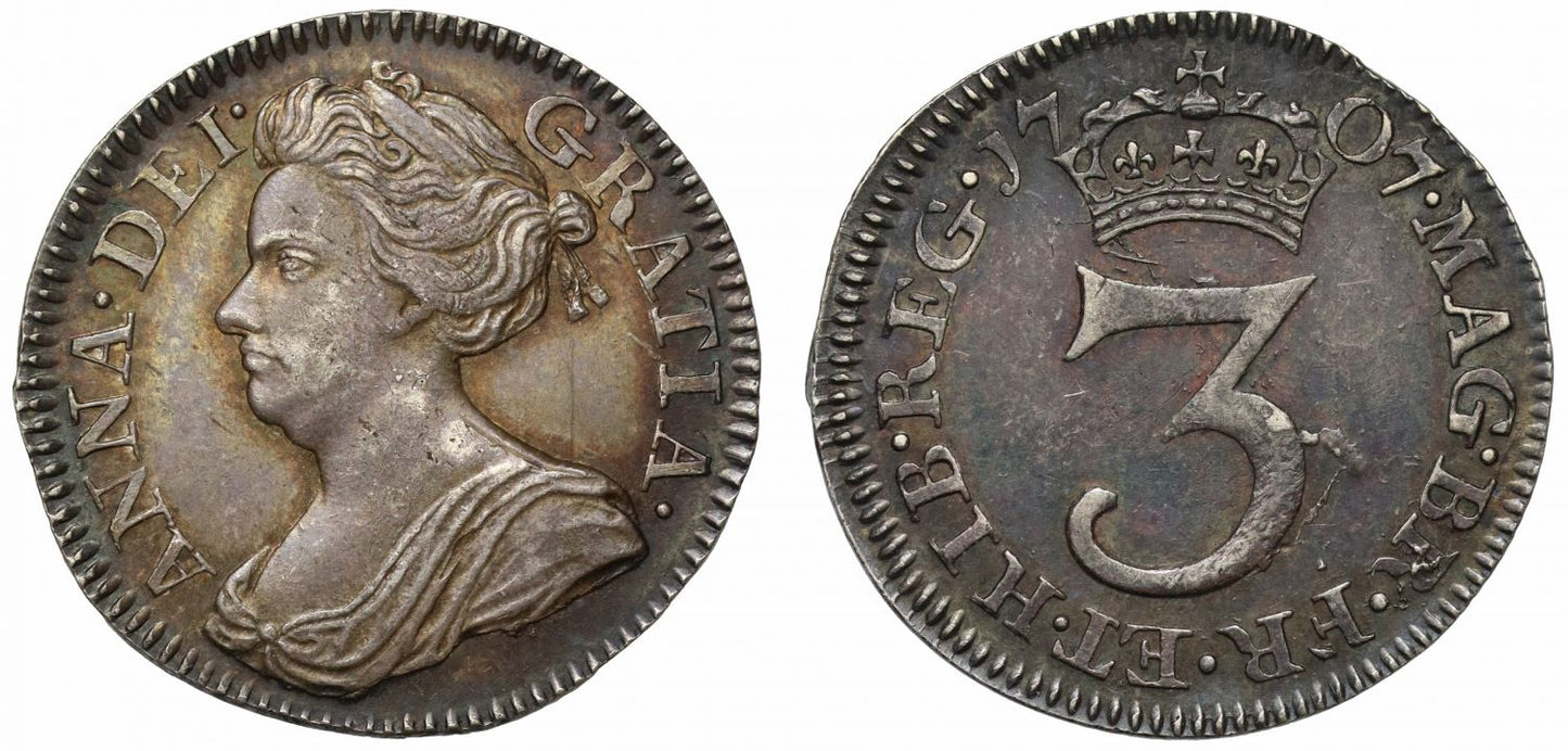 Anne 1707 silver Threepence, third bust NGC MS61 finest graded