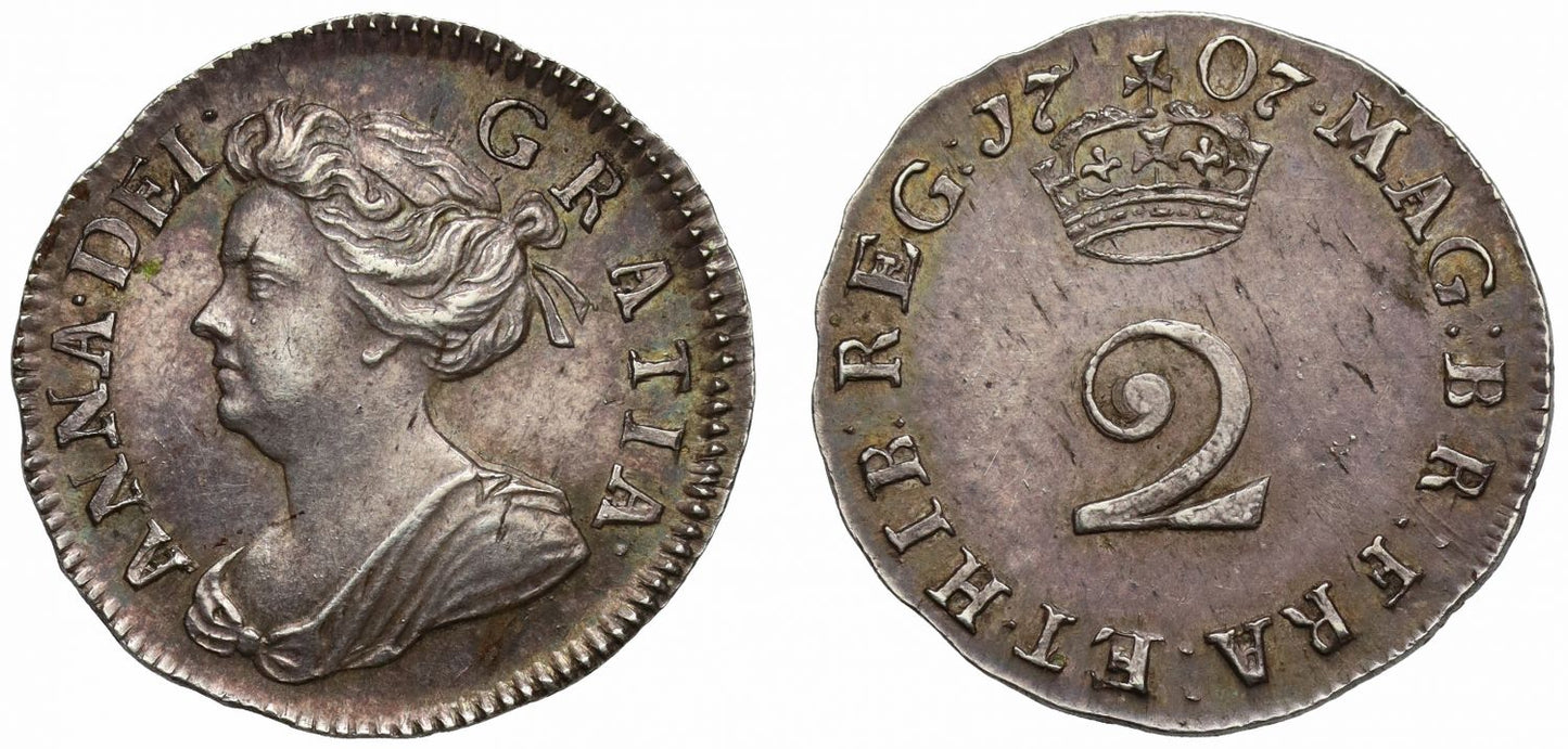 Anne 1707 silver Twopence, MS62 the finest graded example