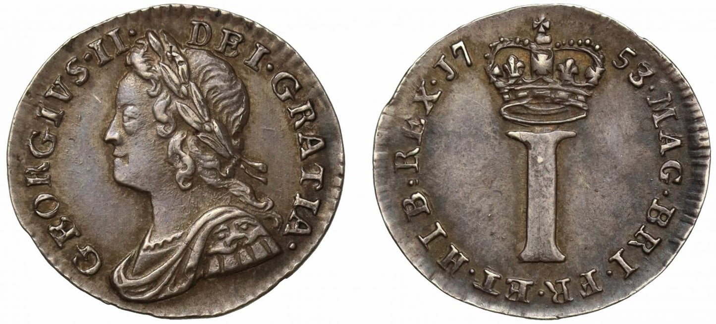 George II 1753/2 silver Penny 3 over 2, AU58