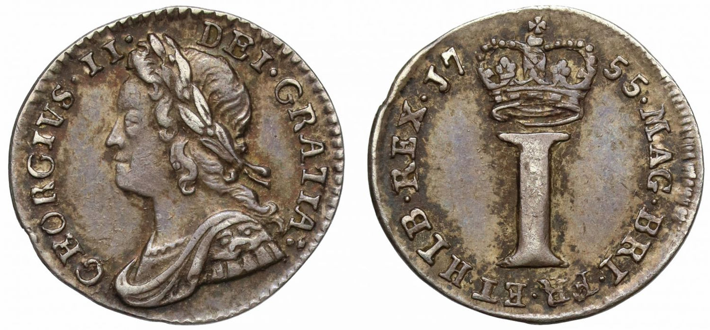 George II 1755 silver Penny, young head, AU58