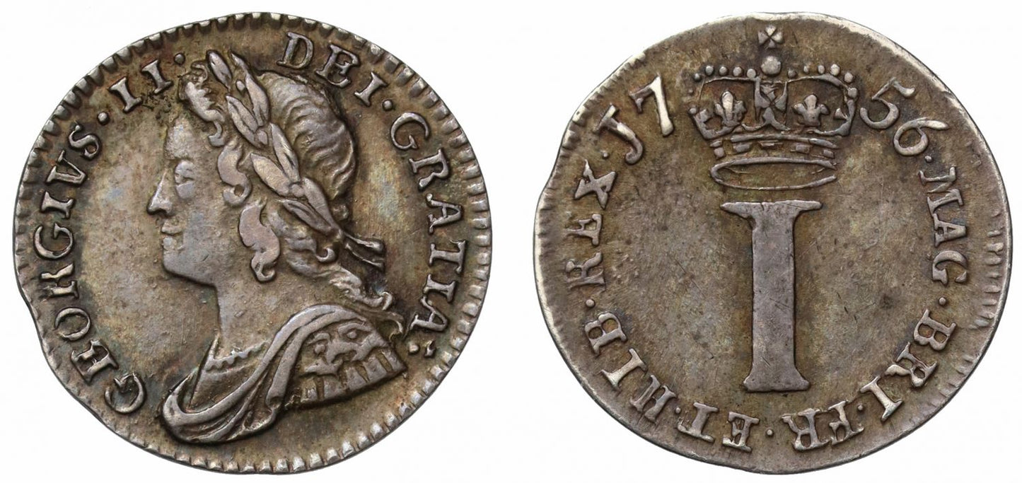 George II 1756 silver Penny, young head, AU55