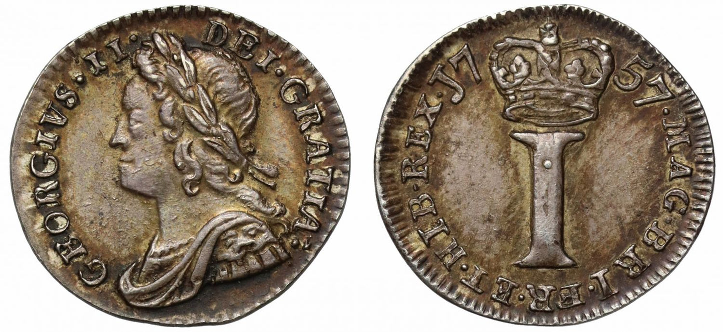 George II 1757 silver Penny, young head, NGC MS62