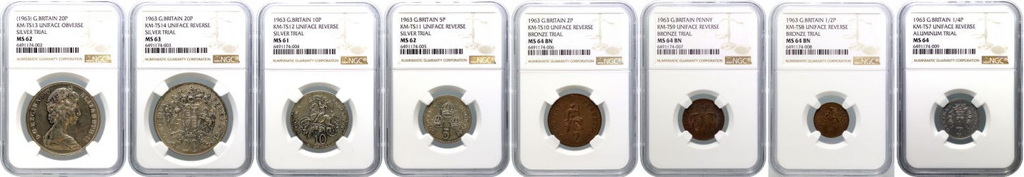 Elizabeth II 1963 pattern Uniface Decimal 8-coin Set MS61-64 with original box