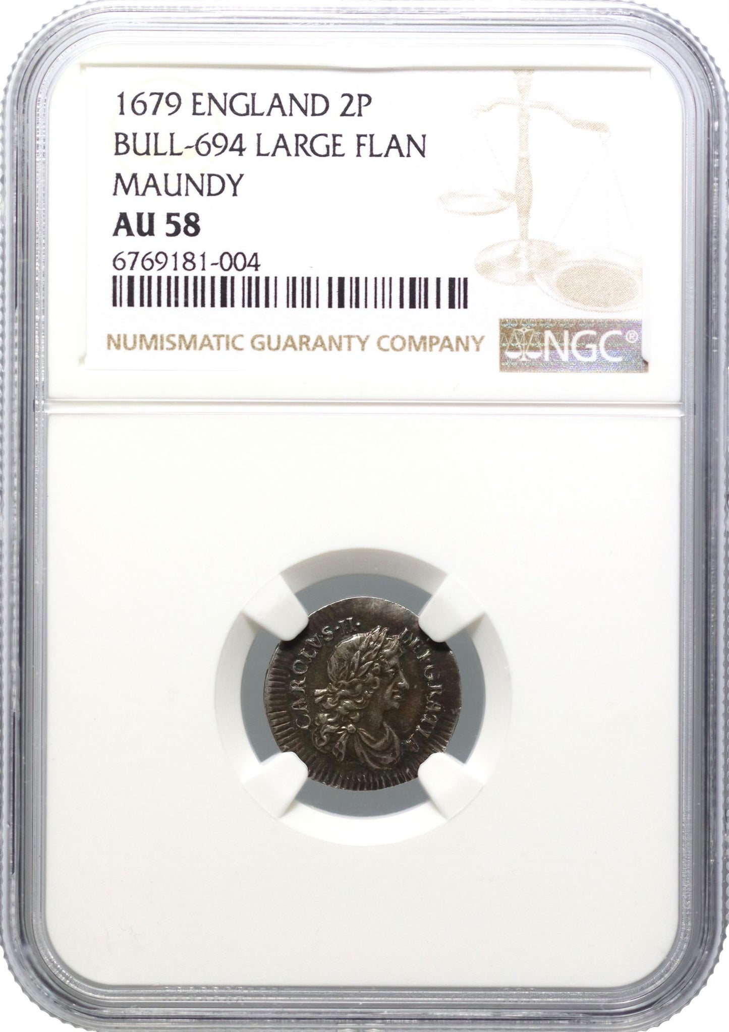 Charles II 1679 silver Twopence NGC AU58 error large flan, plate coin