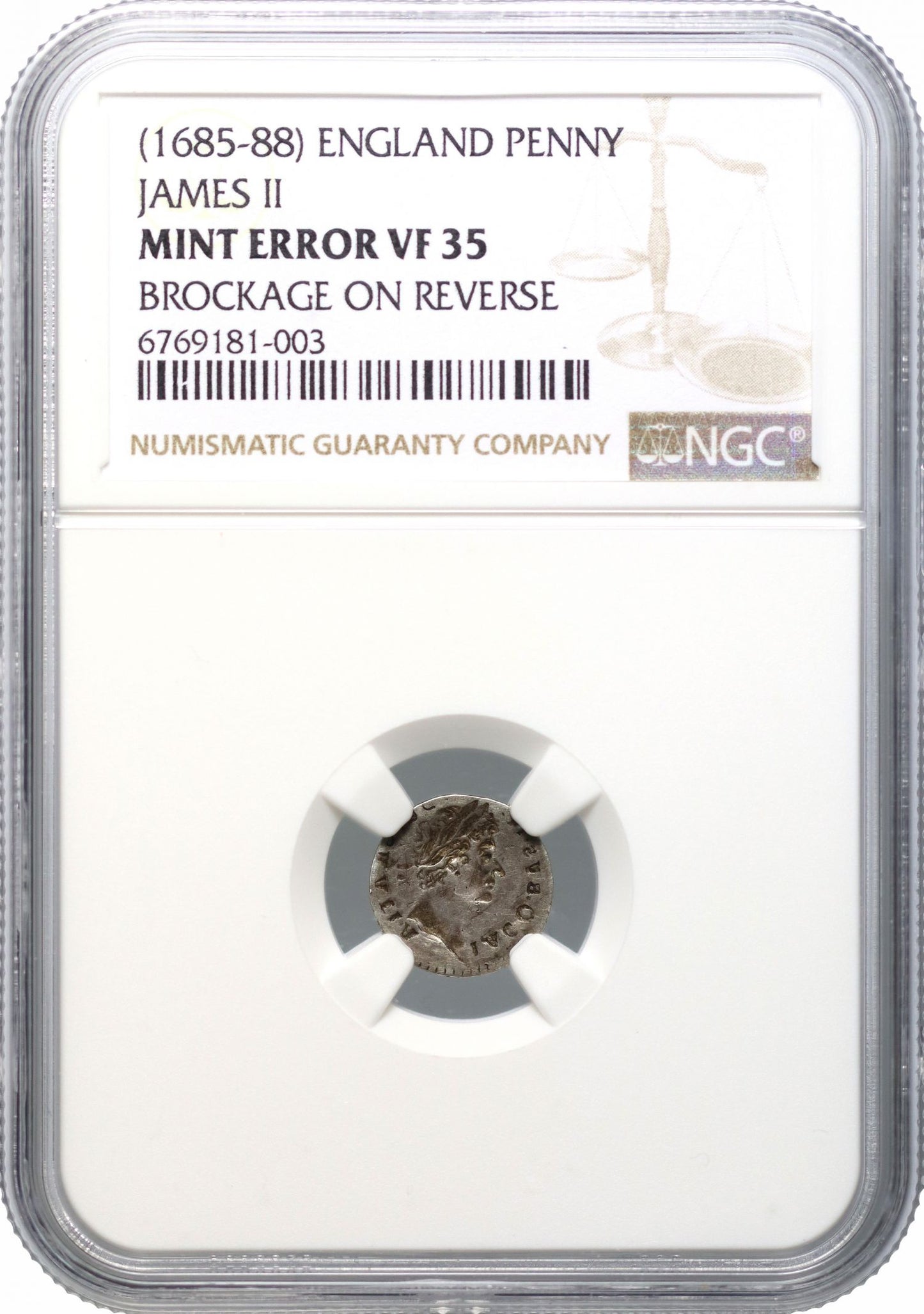 James II silver Penny obverse brockage error, NGC VF35