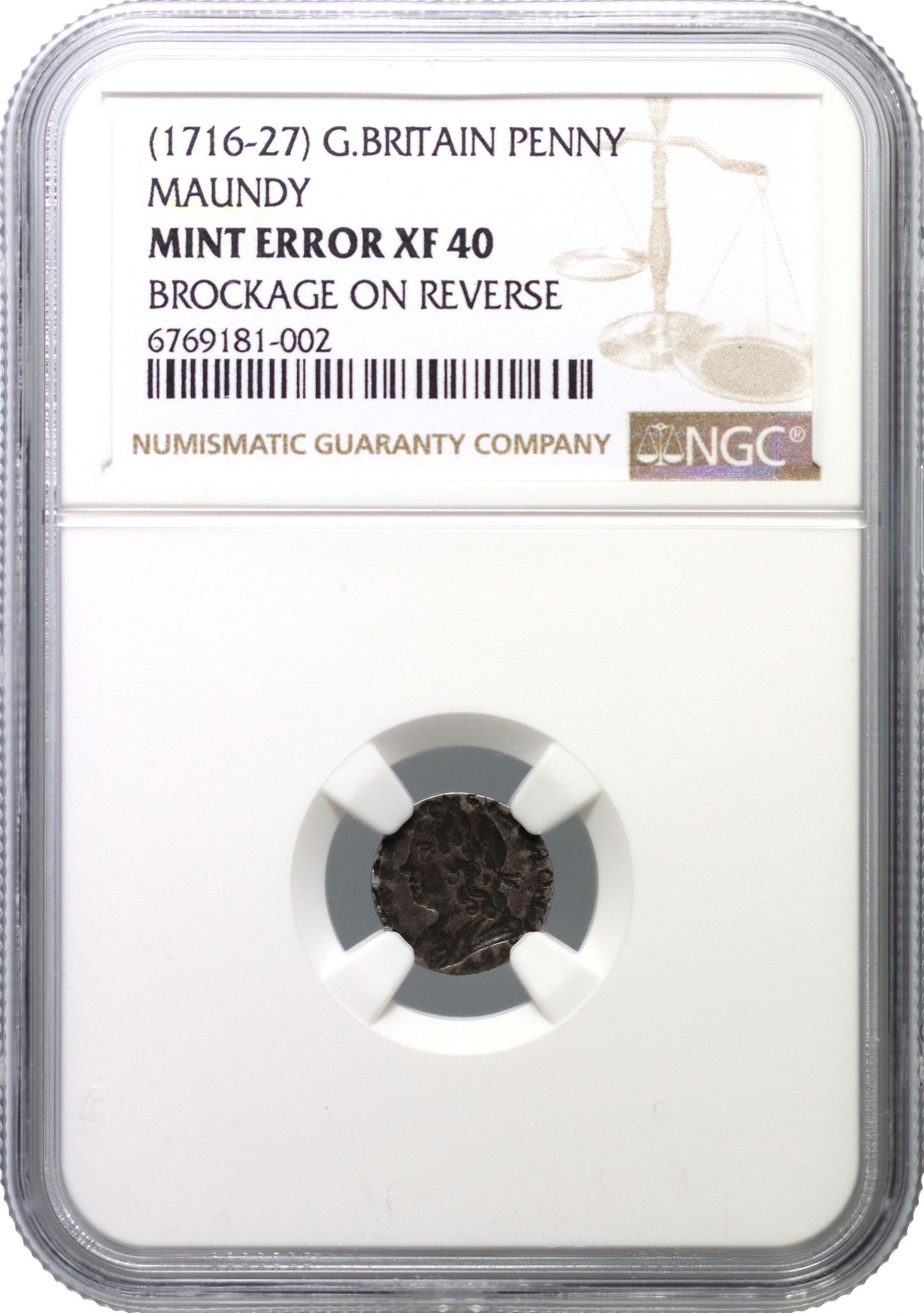 George I silver Penny obverse Brockage error, NGC XF40 plate coin