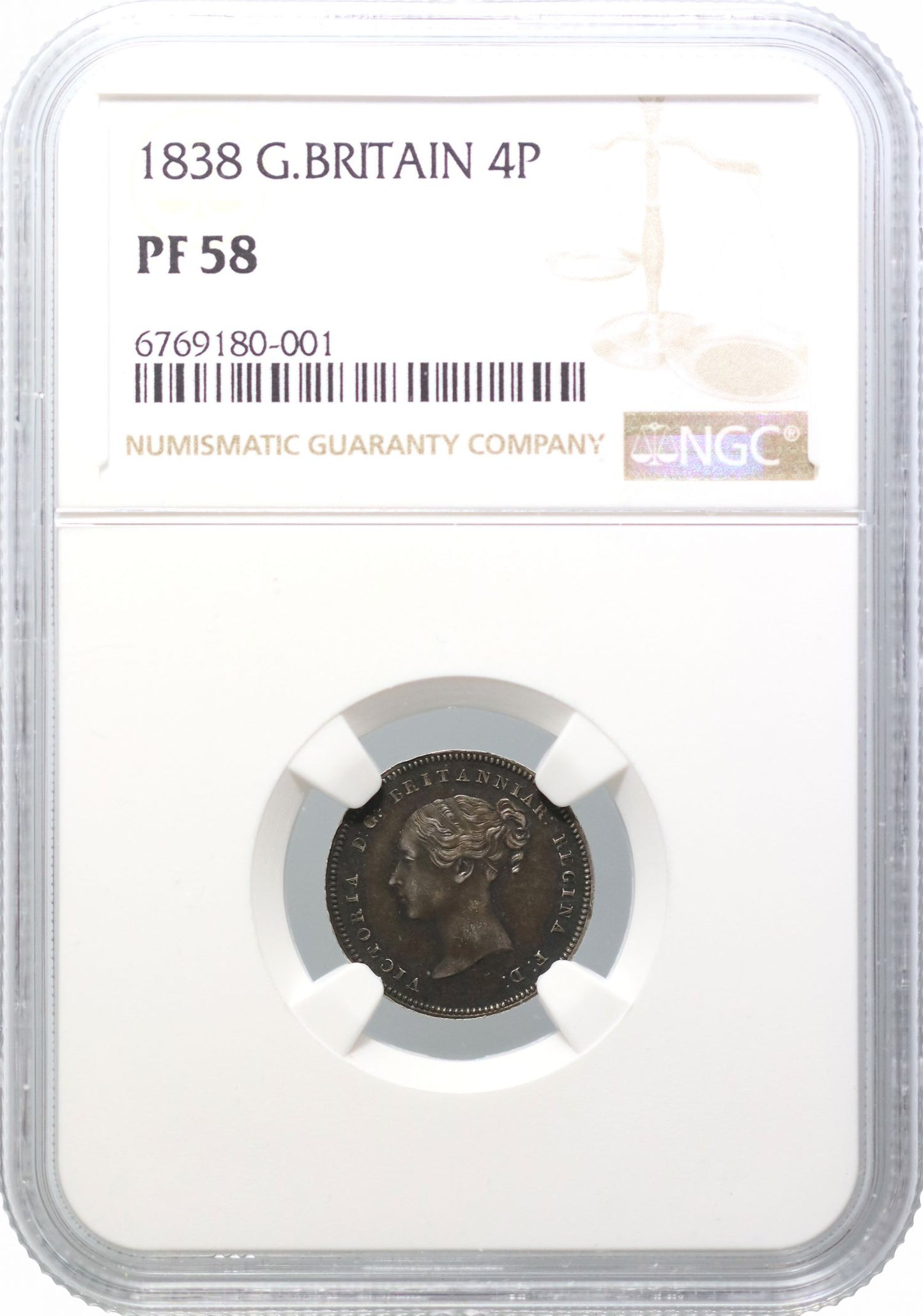 Victoria 1838 silver proof Maundy Fourpence, upright die axis, NGC PF58