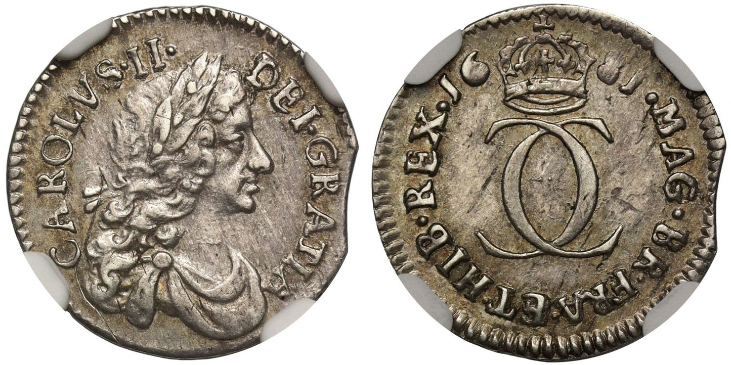 Charles II 1681 silver Twopence, miscut flan NGC AU58 joint finest graded