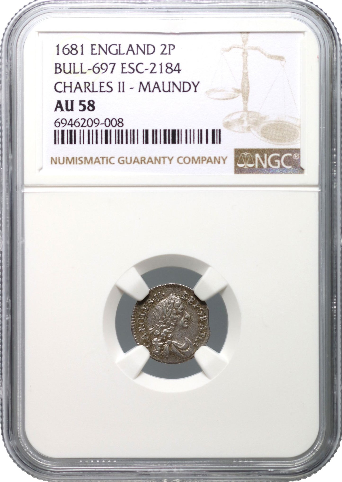 Charles II 1681 silver Twopence, miscut flan NGC AU58 joint finest graded