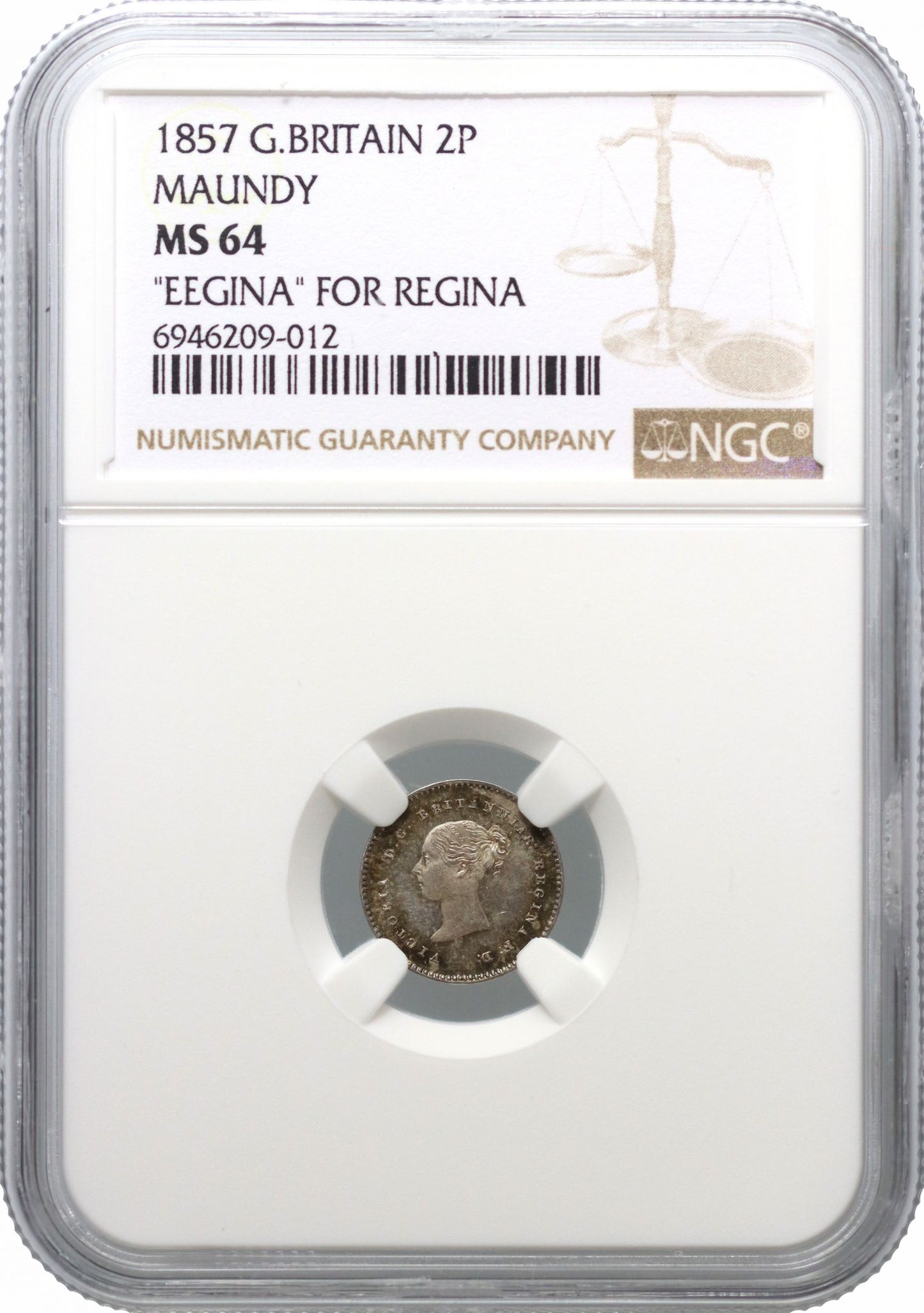 Victoria 1857 silver Twopence, MS64, EEGINA error legend