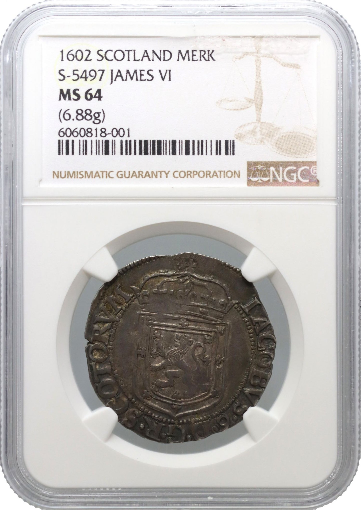 Scotland, James VI silver Merk 1602, NGC MS64 finest graded
