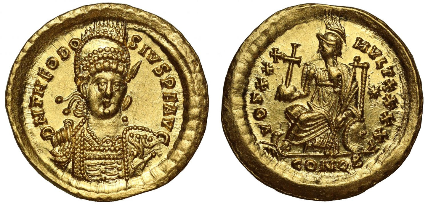 Theodosius II, Gold Solidus, with Constantinopolis enthroned.