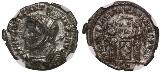 Romano-British Interest - London Mint, Constantine I Bronze Follis, VICTORIAE LAETAE PRINC PERP fully silvered. NGC XF flan flaw.