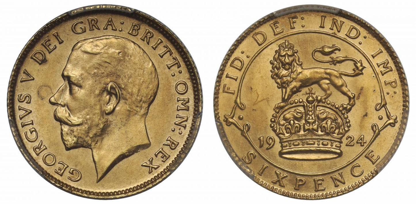 George V 1924 gold proof pattern Sixpence, trial number 2, PCGS PR64