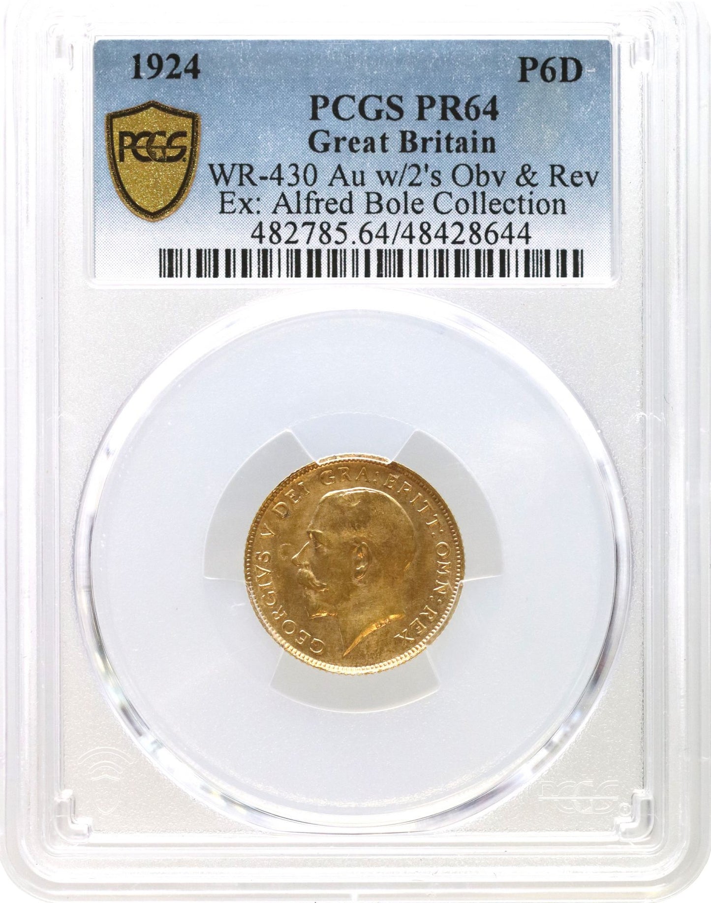 George V 1924 gold proof pattern Sixpence, trial number 2, PCGS PR64