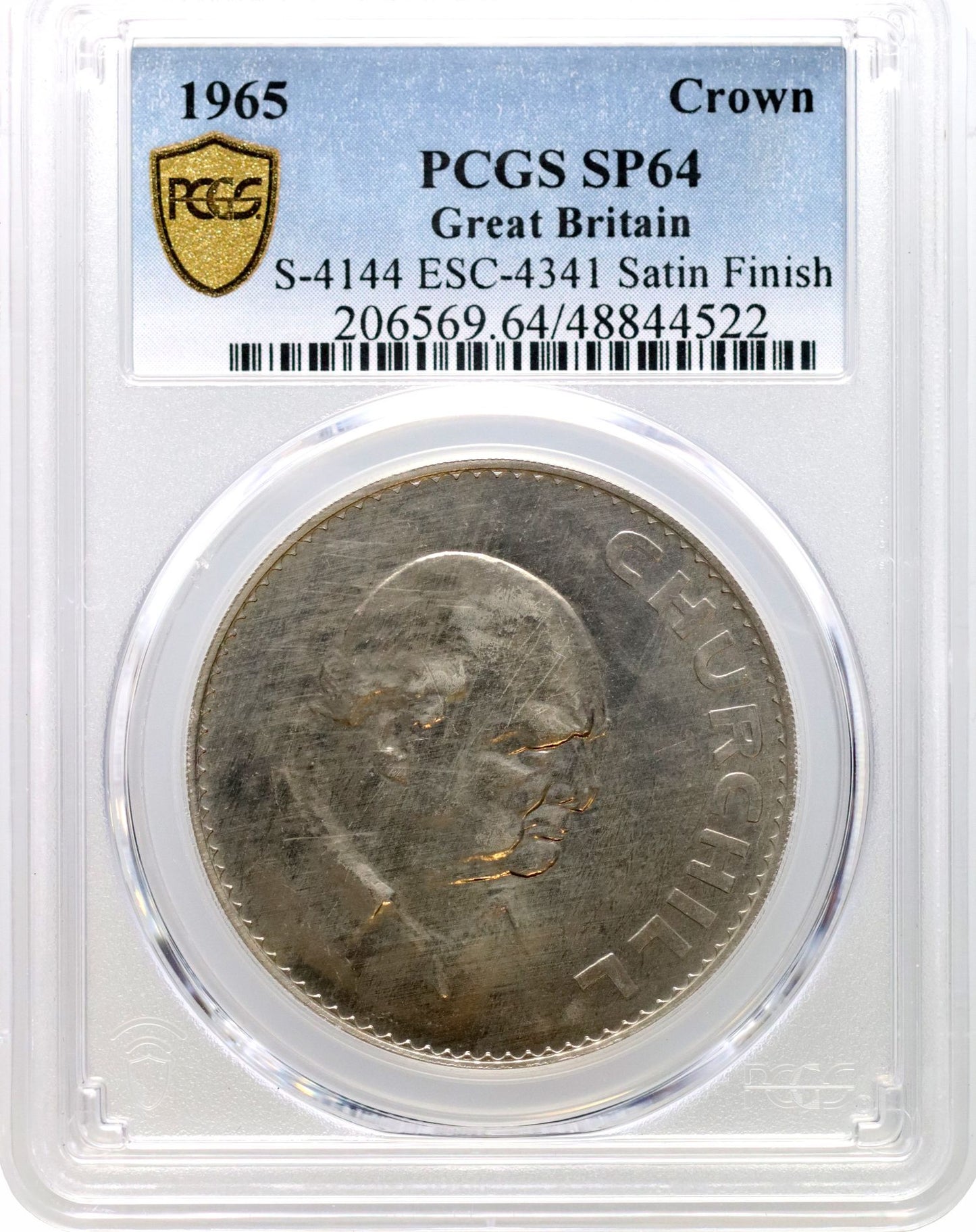 Elizabeth II 1965 specimen 'Satin Finish" Churchill Crown PCGS SP64
