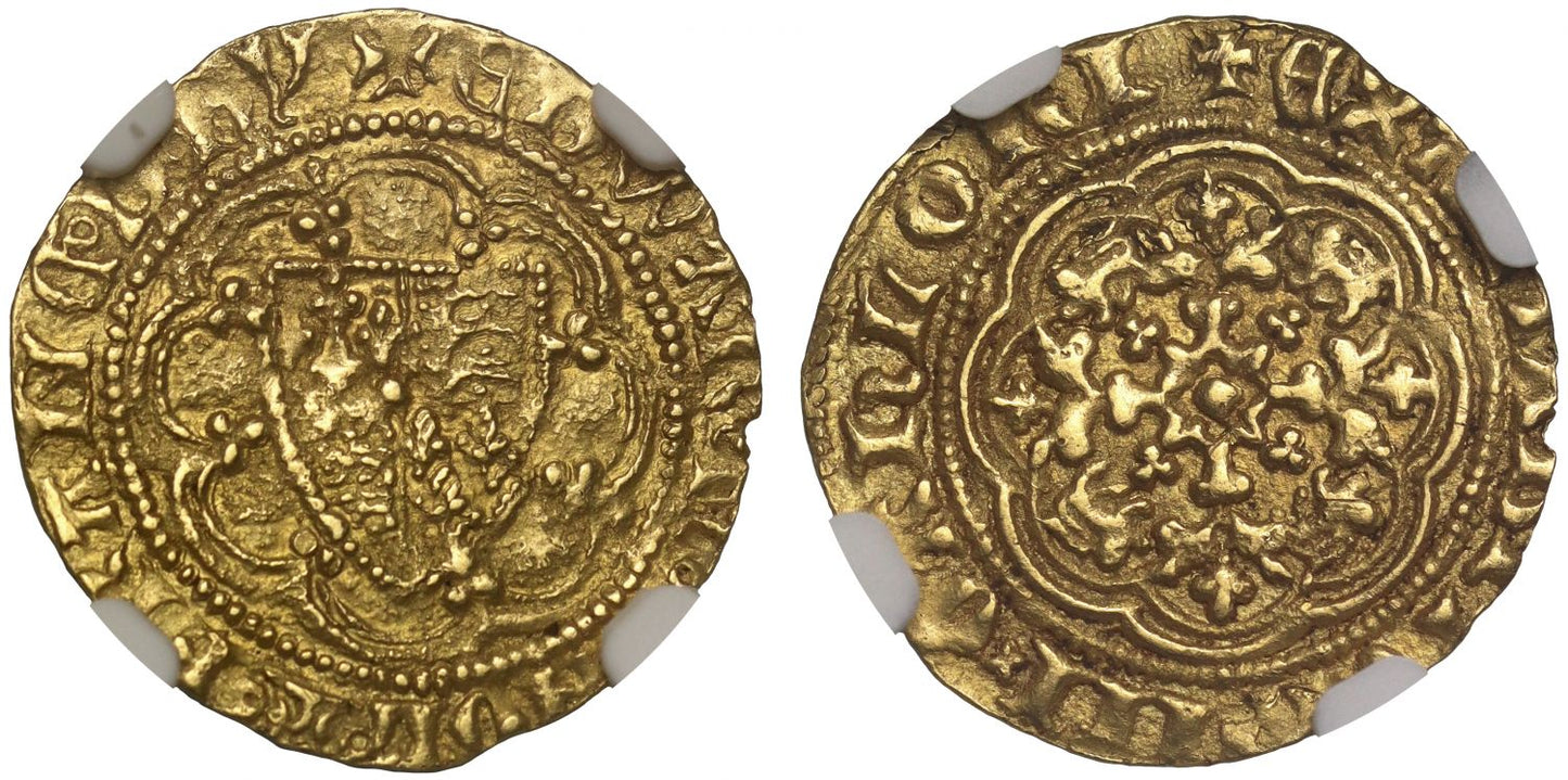 Edward III gold Quarter-Noble MS64, Pre-Treaty G, 4 lis shield, E on reverse