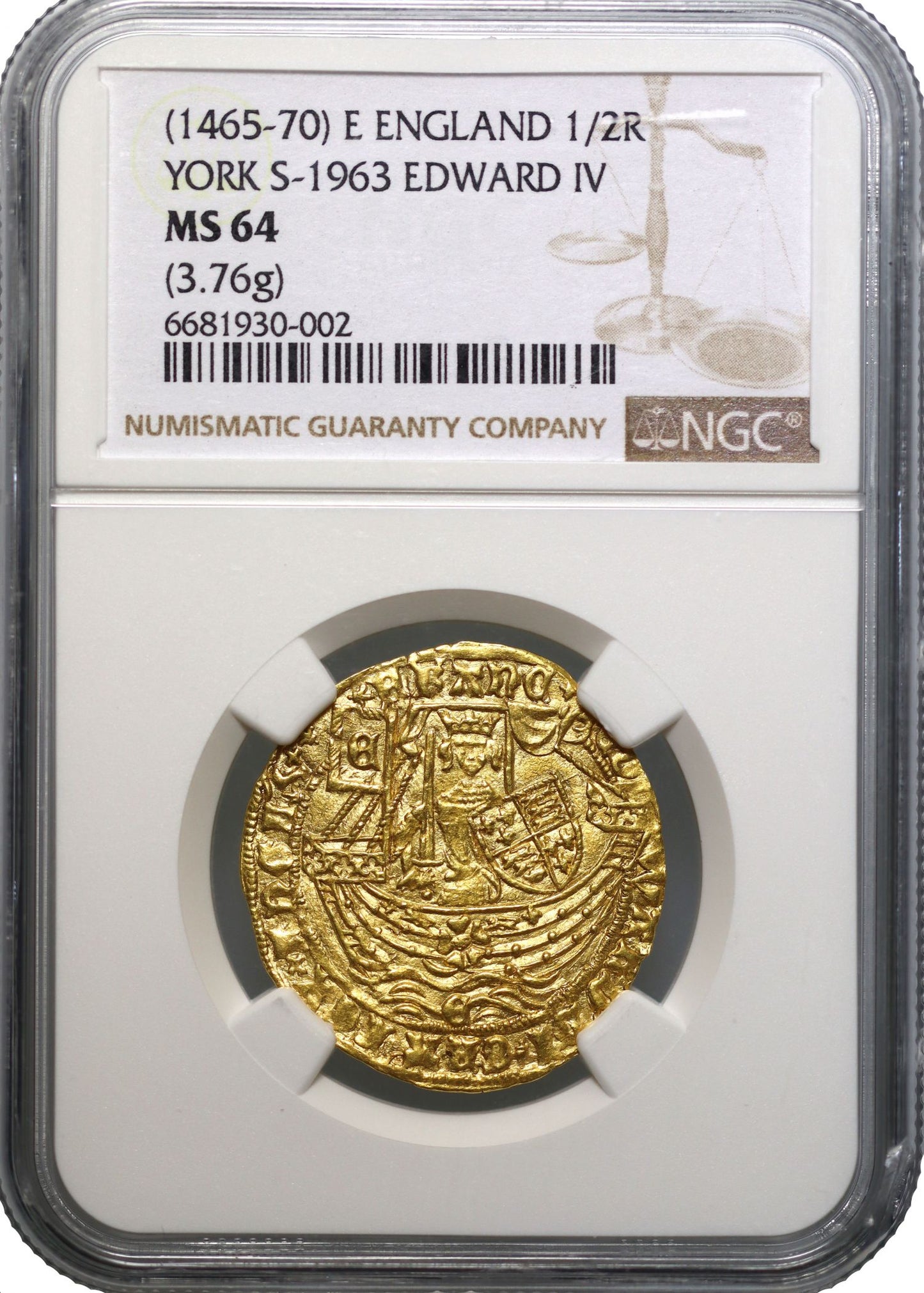 Edward IV gold Half-Ryal, York, MS64, E in waves, ex Tradewinds