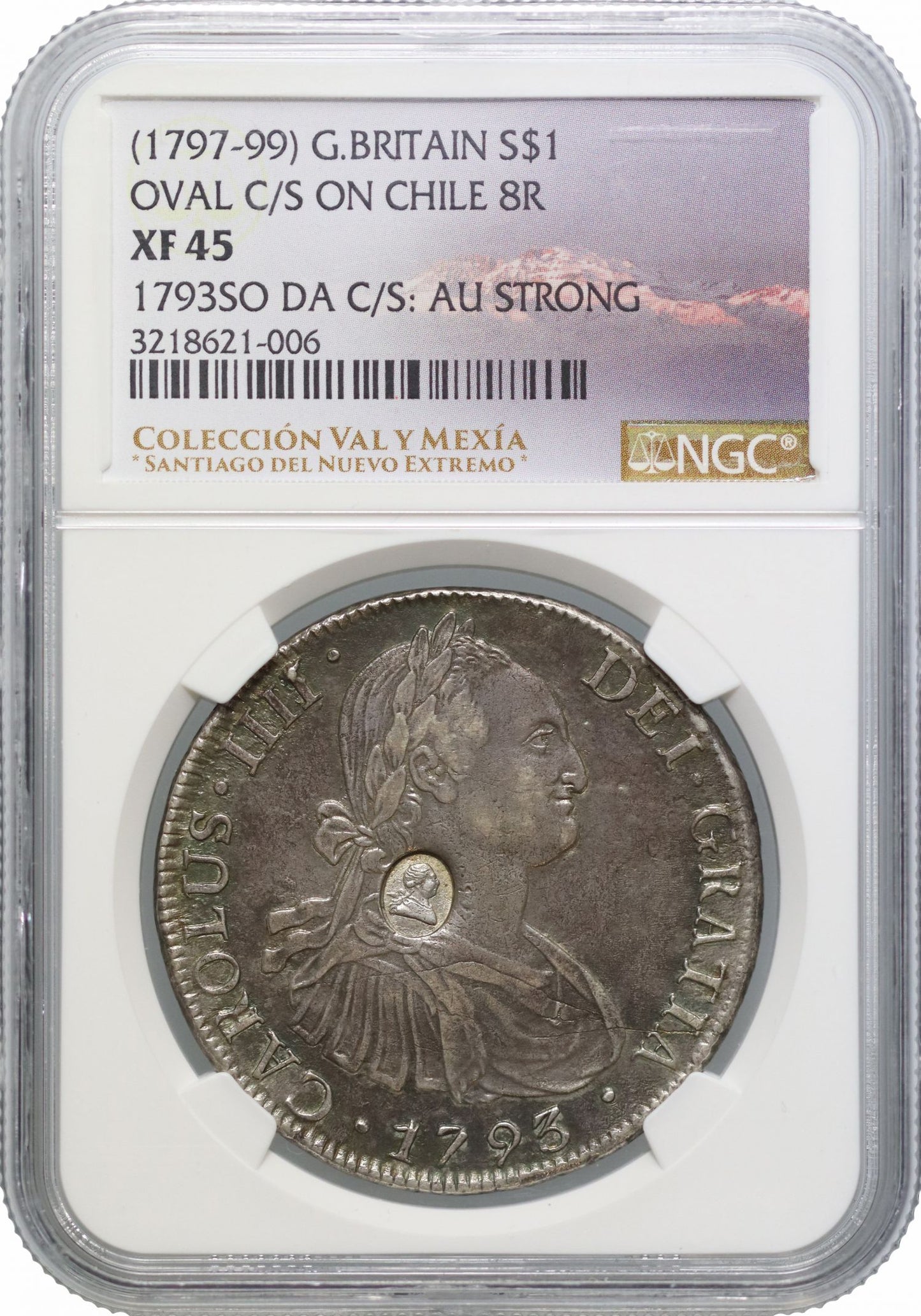 George III oval countermark on Chile 1793-DA 8-Reales, NGC XF45