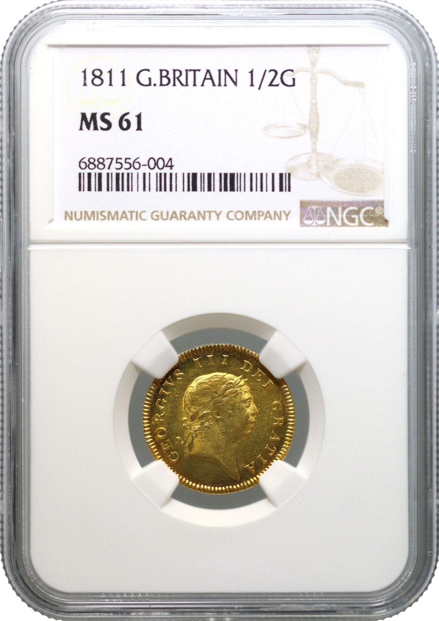 George III 1811 Half-Guinea, 7th bust, MS61, rarest date for type